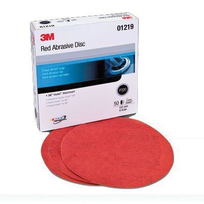3M 01219 6" 320 Grit Red Abrasive Disc, Hook and Loop, Box of 50 - VirtuColor Supply