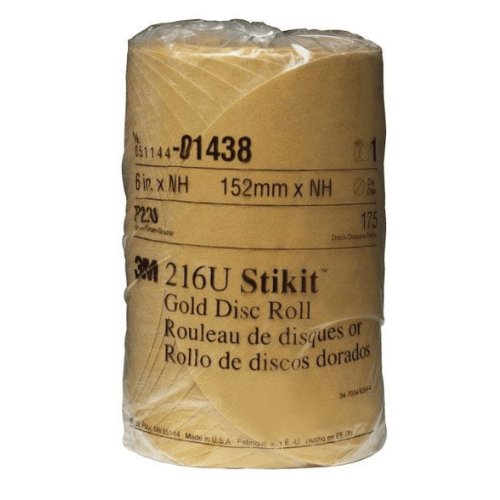 3M 01438 6 in 220 Grit Gold PSA Sanding Disc Roll, 175 per Roll - VirtuColor Supply