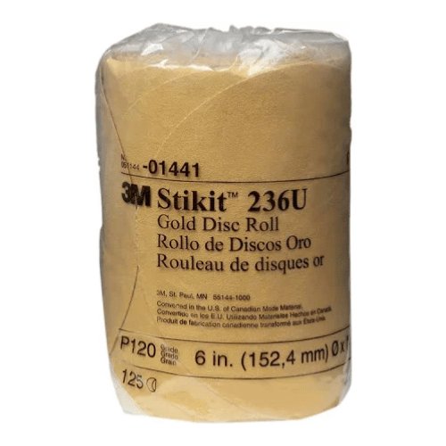 3M 01441 6 in 120 Grit Gold PSA Sanding Disc Roll, 125 per Roll - VirtuColor Supply