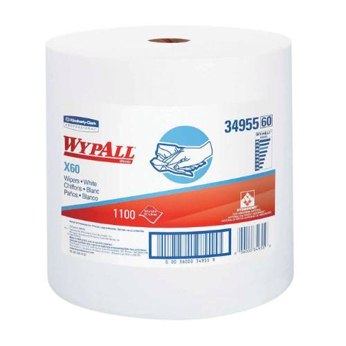 WypAll 34955 X60 Series Jumbo Roll of 12 in White Cloths - VirtuColor Supply
