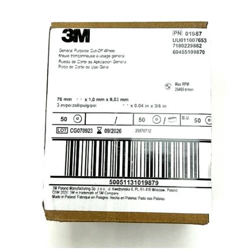 3M Green Corps 01987 3 in x 1/32 in Cut - Off Wheel, Box of 50 - VirtuColor Supply