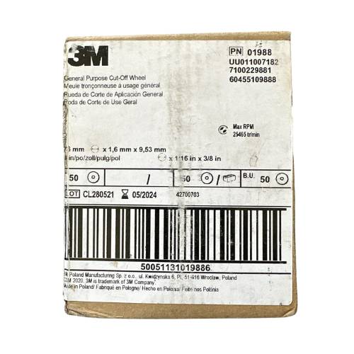 3M Green Corps 01988 3 in x 1/16 in Cut - Off Wheel, Box of 50 - VirtuColor Supply