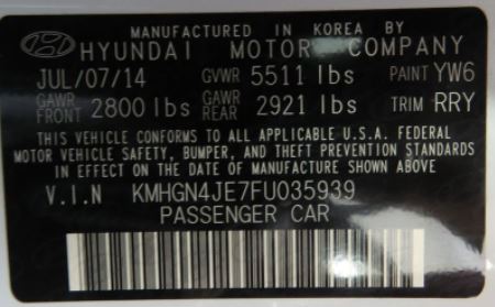 Hyundai – Inside driver’s door jamb.