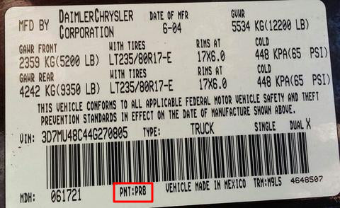 Chrysler, Dodge – In the driver’s door jamb, 3 Letter Code Next to PNT: