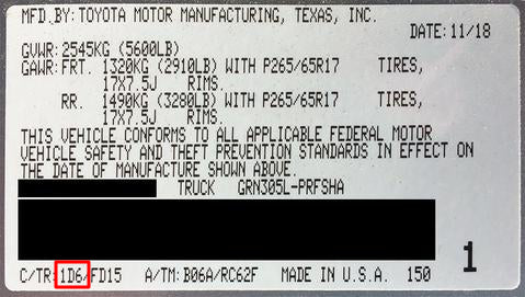 Toyota – Always in the driver’s door jamb. 1st three numbers and letters before the slash.