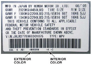 Honda – Inside driver’s door jamb or on the VIN sticker. Starts with a NH, YR, or B. Usually has a sticker just for the Paint code.