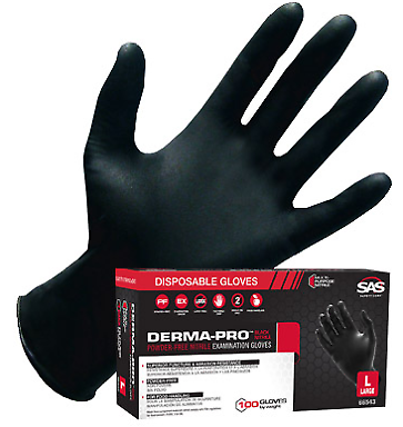 SAS Derma-Pro 66543 Large FDA Food Grade Black Nitrile Gloves, 100/Box