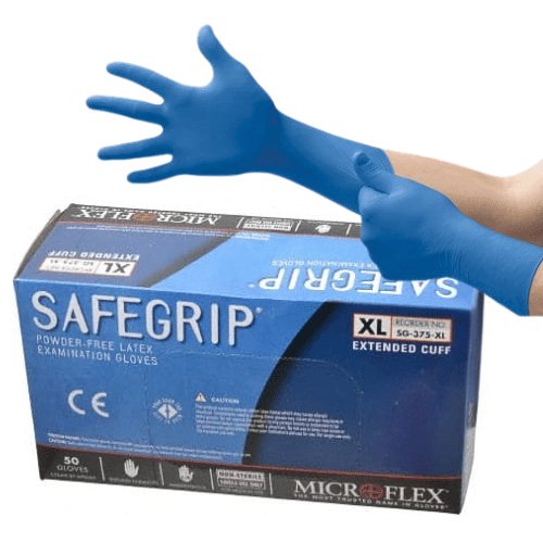 Microflex SafeGrip SG375 XL Textured Blue Latex Gloves - VirtuColor Supply