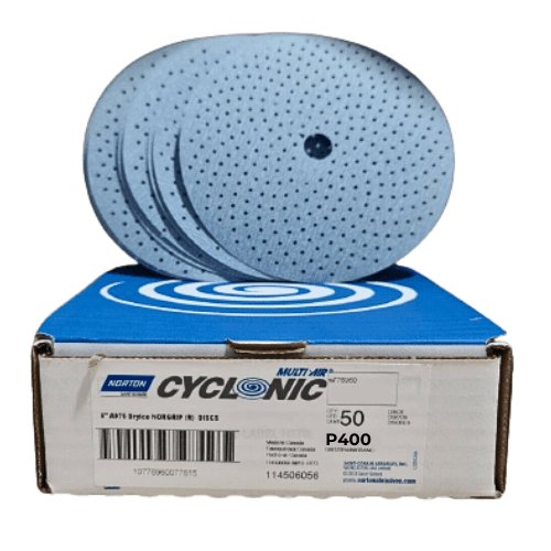 Norton 3 Inch 400 Grit Cyclonic Sanding Disc with Norgrip, Box of 50 - VirtuColor Supply