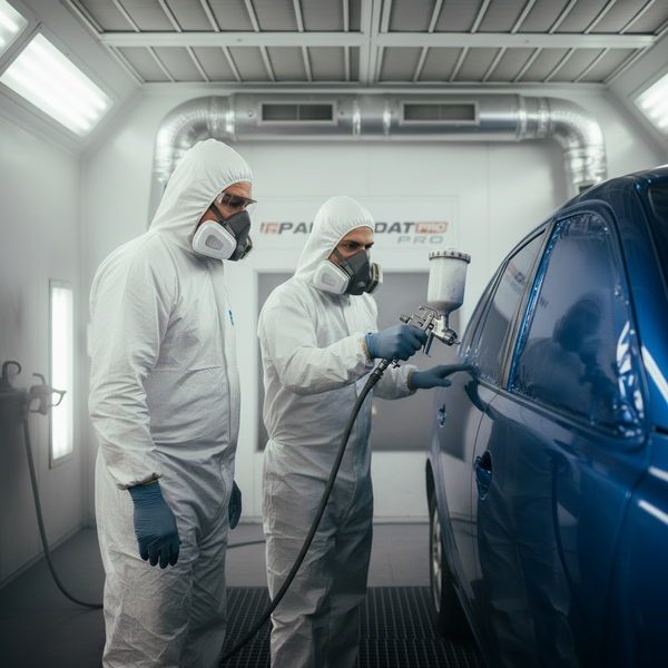 Two workers in a paint booth with a blue car being painted.