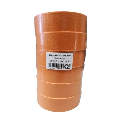 Q1 36 mm (1.5 in) Ultimate Orange Masking Tape, Sleeve of 6 Rolls - VirtuColor Supply