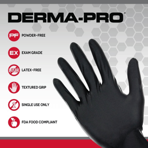 SAS Derma-Pro 66543 Large FDA Food Grade Black Nitrile Gloves, 100/Box