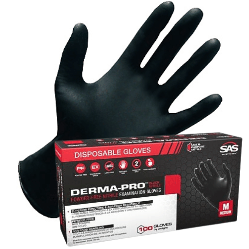 SAS Derma-Pro 66542 Medium FDA Food Grade Black Nitrile Gloves 100/Box