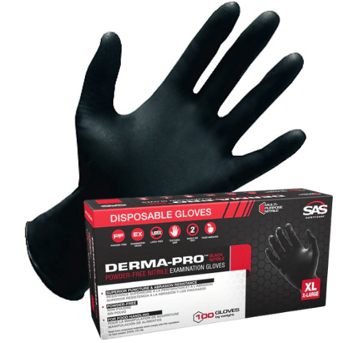 SAS Derma-Pro 66544 XL FDA Food Grade Black Nitrile Gloves, 100/Box