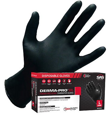 SAS Derma - Pro 66543 Large FDA Food Grade Black Nitrile Gloves, 100/Box - VirtuColor Supply