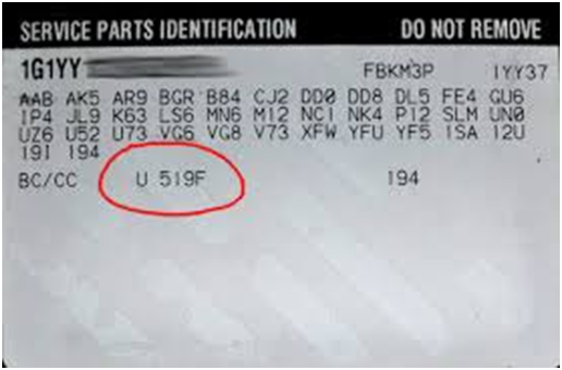 General Motors – Usually Starts with a U. Mostly found in the glove box or spare tire compartment.